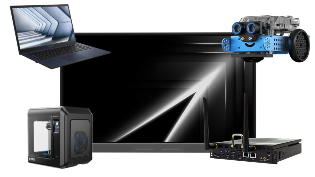 Pracownia STEM laptopy roboty mBot2 oprogramowanie mBlock5 monitor interaktywny 75 cali z OPS drukarka 3D